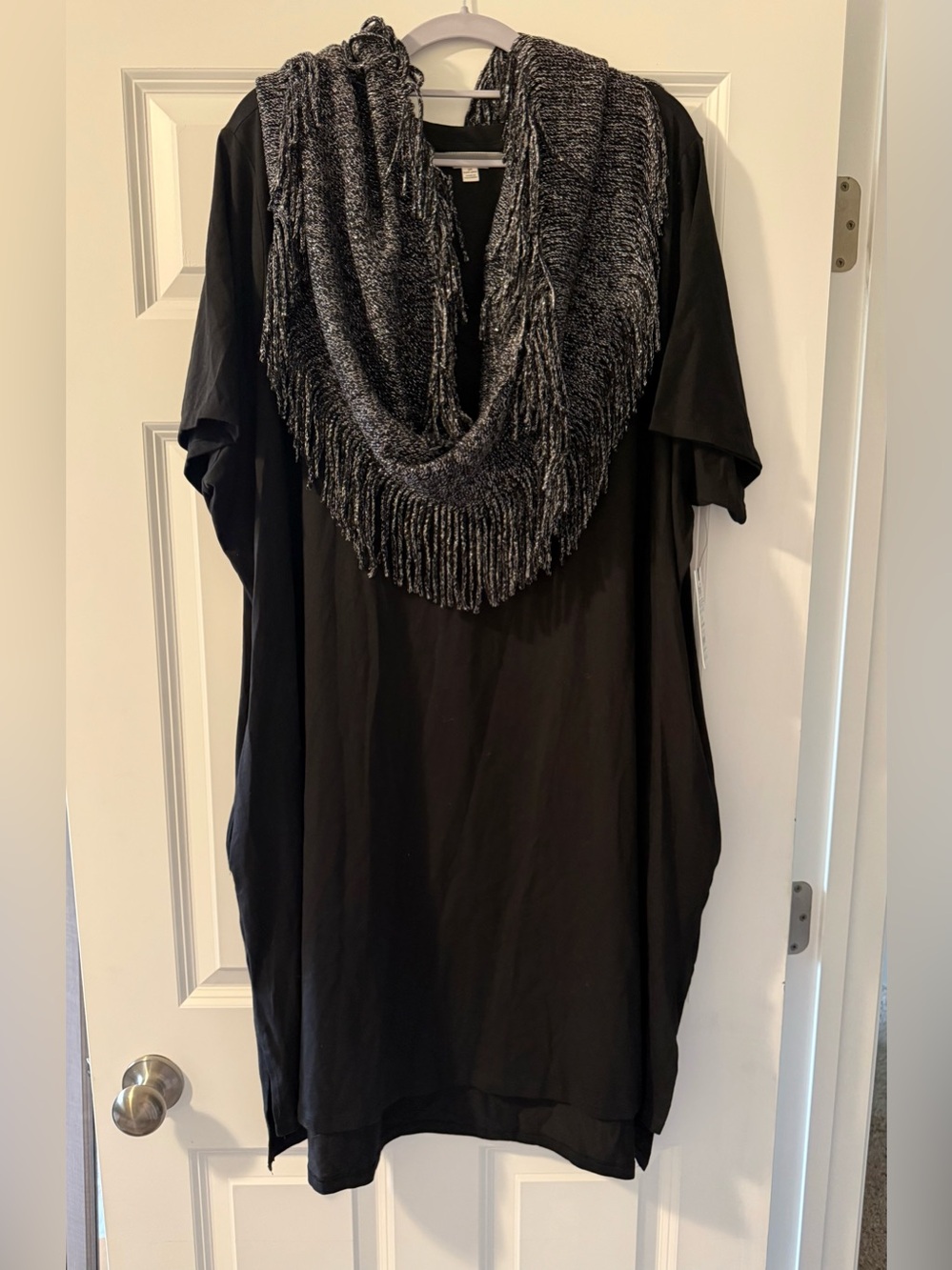 Terra & Sky Black Midi Dress with Metallic Fringe Scarf